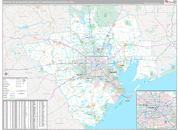 Houston-The Woodlands-Sugar Land Metro Area Wall Map Premium Style